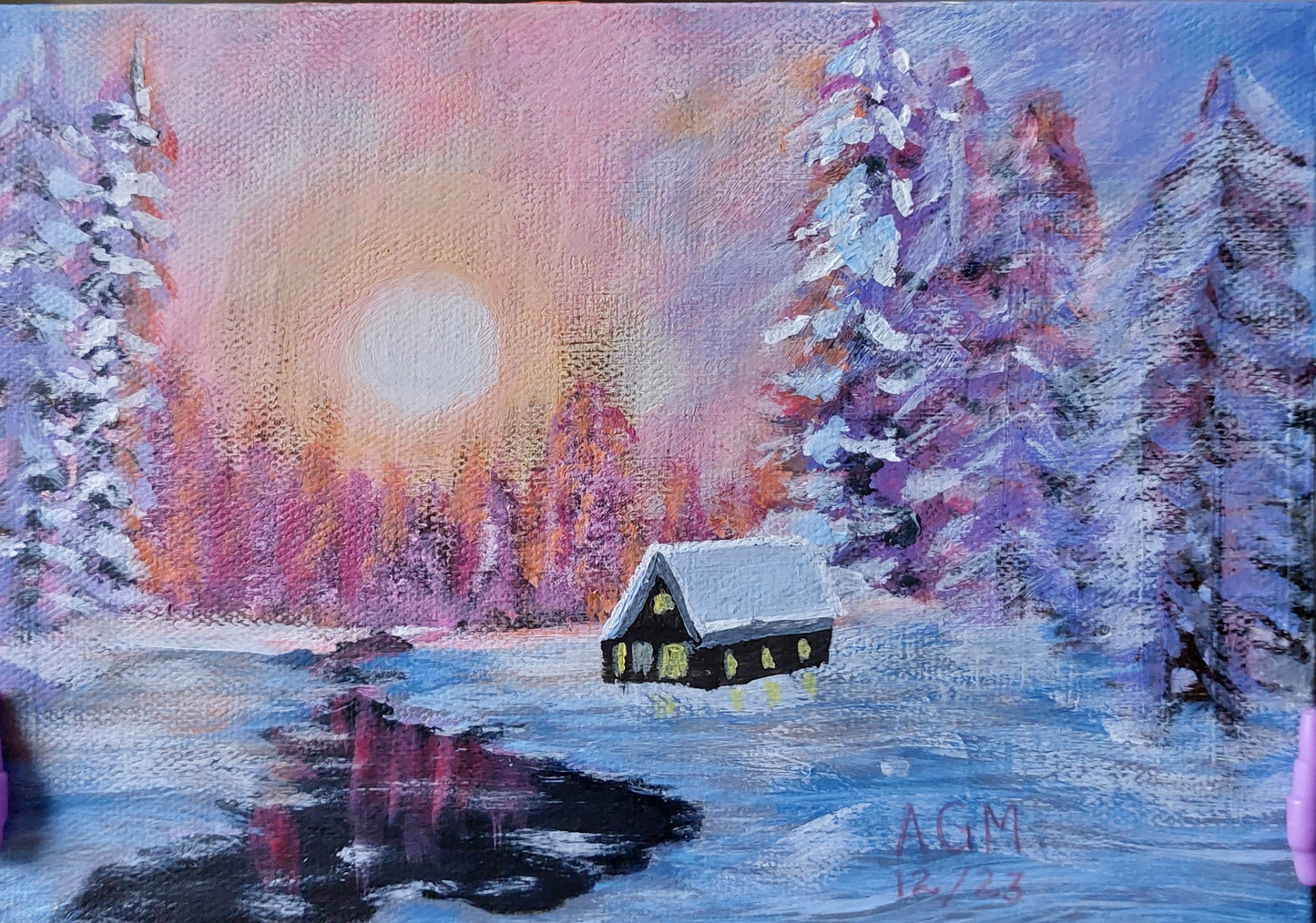 Idyllic Snow Cover Cottage Scene Painting
