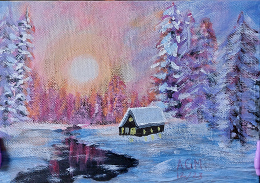 Idyllic Snow Cover Cottage Scene Painting